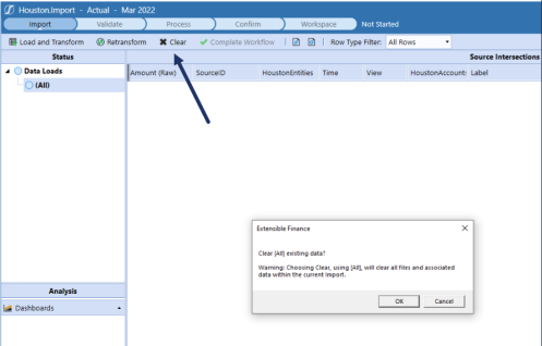 Import data loads with an arrow pointing to clear and the clear all message popup with ok or cancel